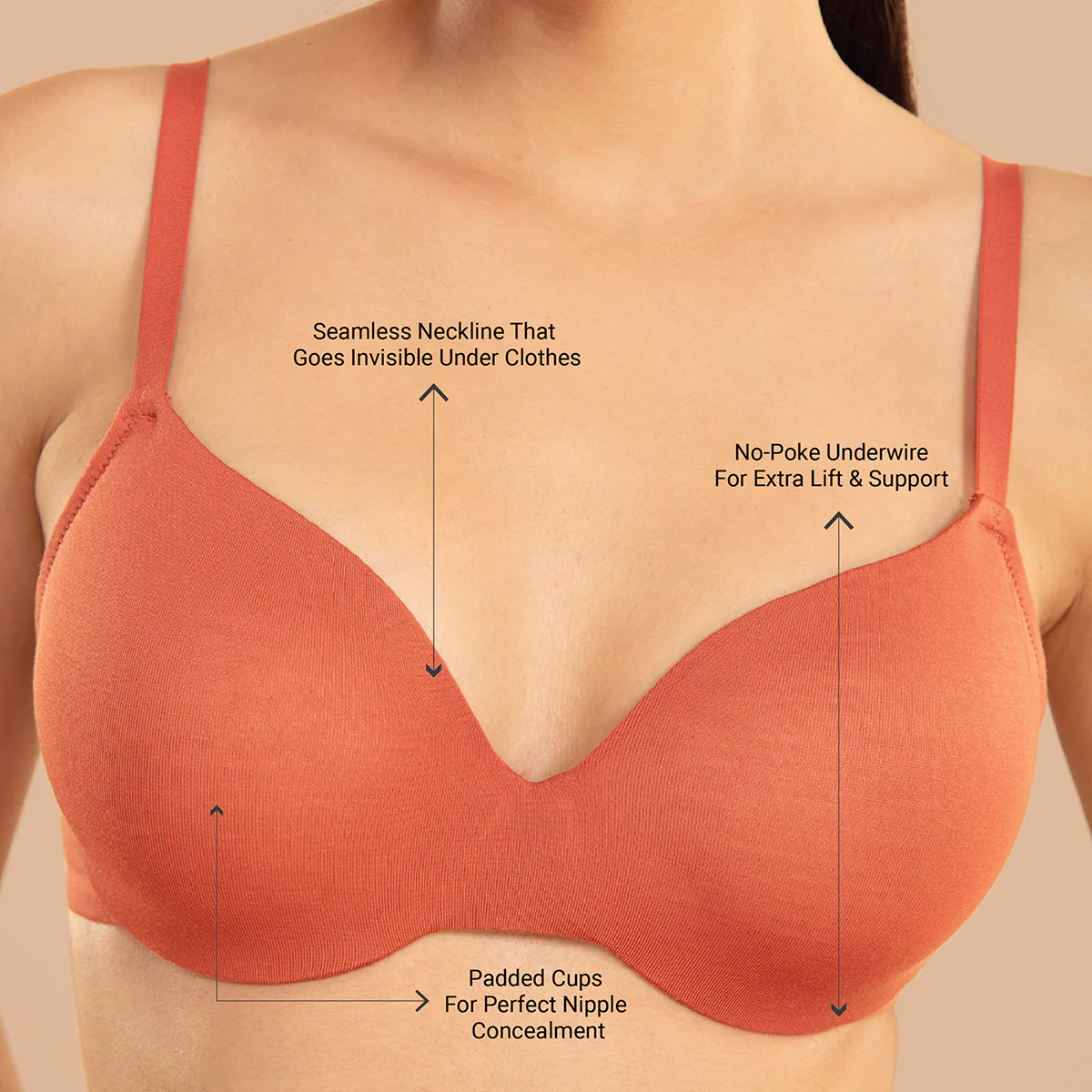 Nykd by Nykaa Super Soft Luxe Modal Padded Cushioned Wire T-Shirt Bra NYB218 Orange - Image 3